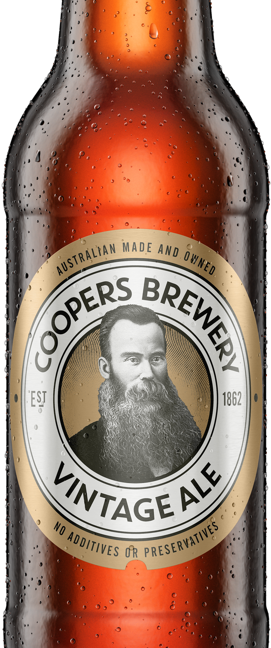 Coopers Brewery Vintage Ale bottle with a label featuring a portrait of a man.